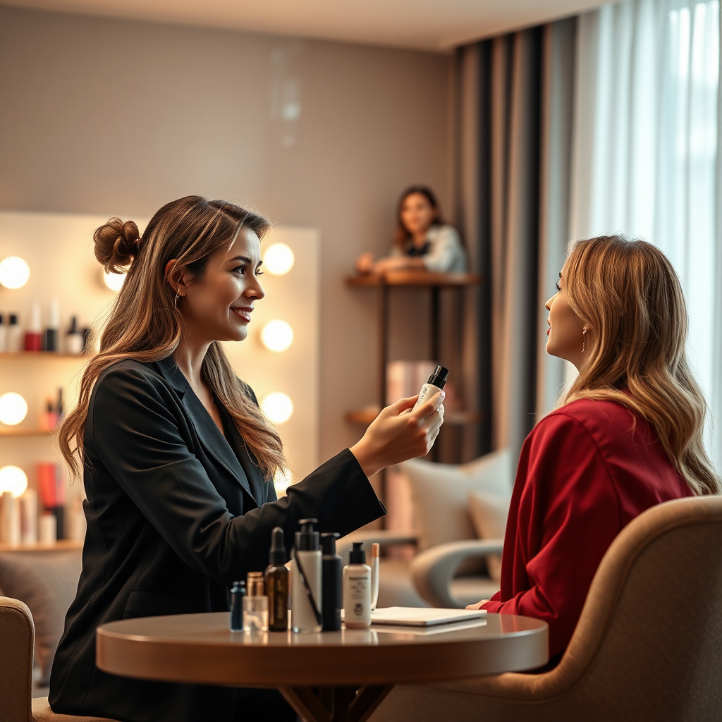 A photorealistic 4K image showing a beauty consultant providing a personalized consultation to a client. They are discussing products in a well-lit and comfortable setting. The color palette is warm and inviting. Style reference: professional beauty consultation photography.