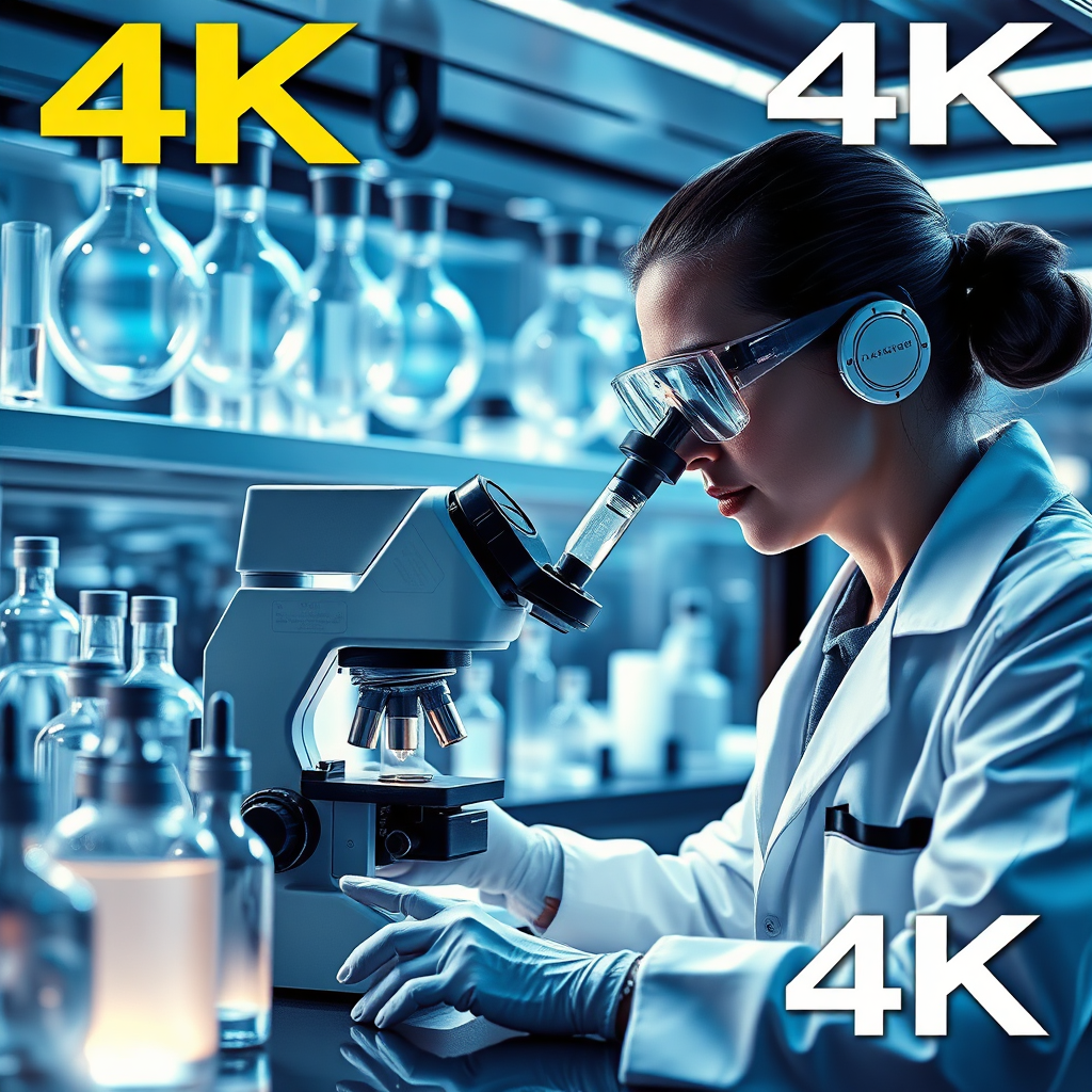 A stylized 4K image depicting a futuristic laboratory setting with glowing vials and high-tech equipment. The central focus is on a scientist examining a cosmetic formulation under a microscope. The color palette is cool and sophisticated, with blues, silvers, and whites. Style reference: science fiction-inspired visual elements.