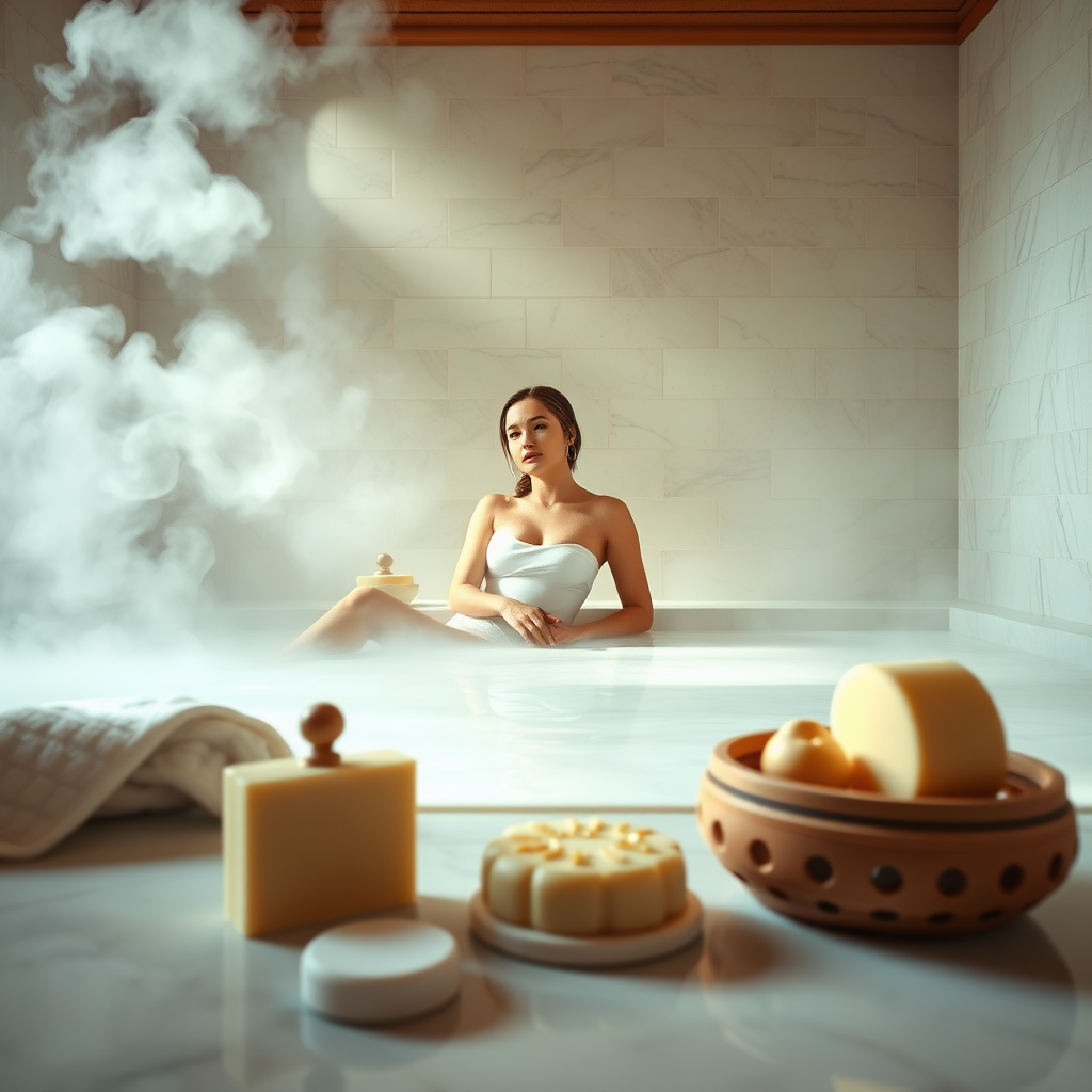 A stylized 4K image representing a traditional Turkish hammam ritual. The scene depicts a woman relaxing on a warm marble platform, surrounded by soft, diffused light and steam. In the foreground, there are traditional Turkish soaps and bath accessories. The color palette is calming and serene, with whites, blues, and soft golds predominating. Style reference: a blend of classical painting and spa photography.
